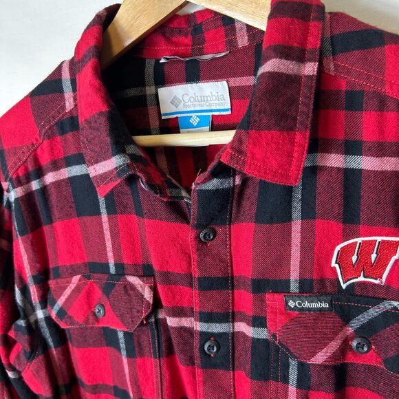 Columbia NWOT Wisconsin Badgers Red Black Plaid Flair Gun LS Flannel Shirt Sz L - Picture 5 of 14